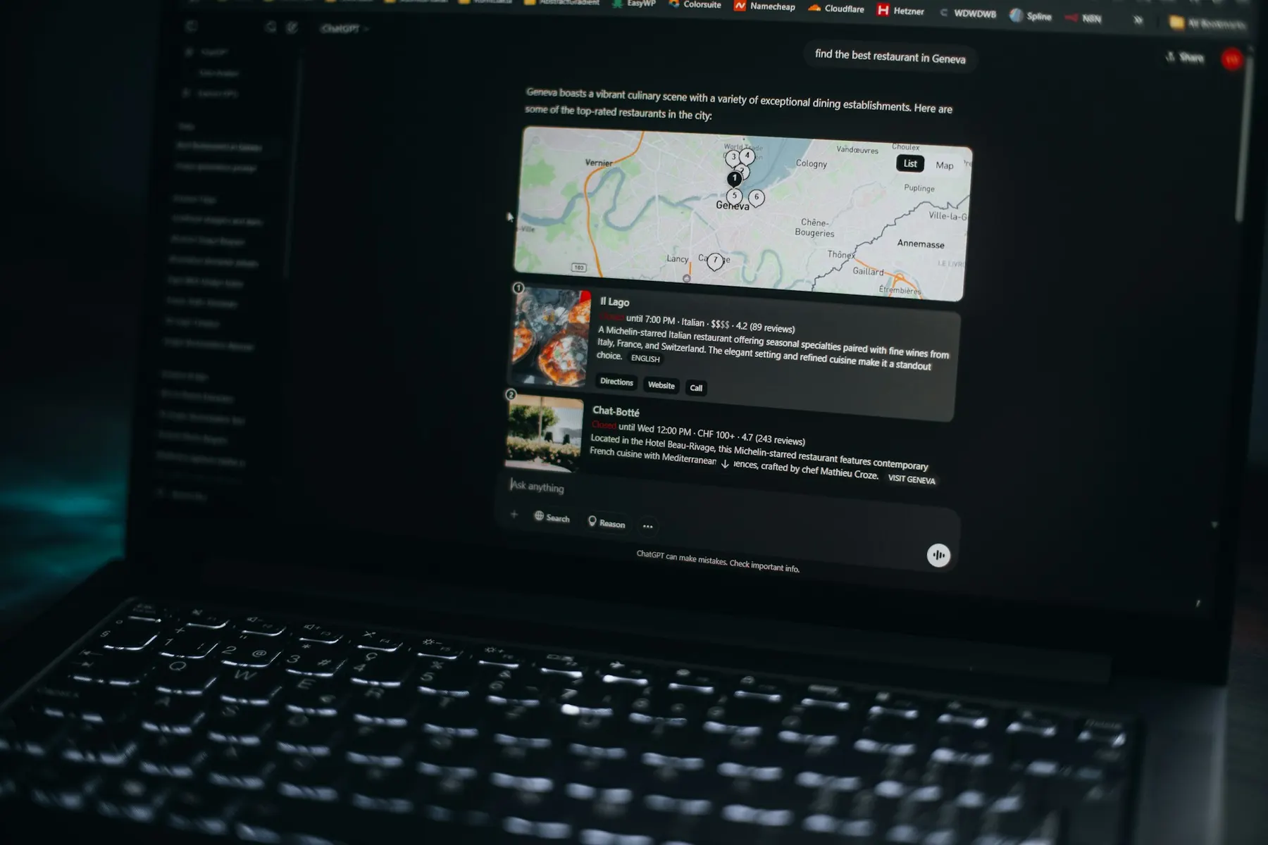 Laptop screen showing an AI assistant answering a local search with a map and business listings