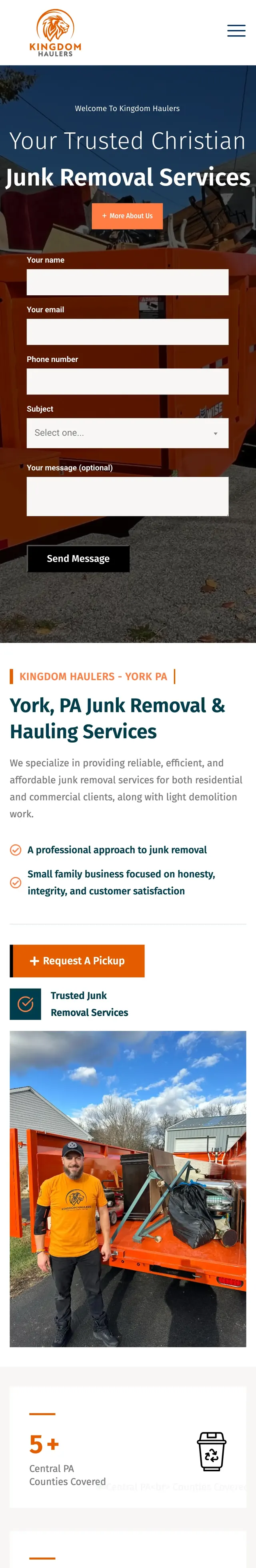 Kingdom Haulers’ previous website on a phone: a dark dumpster photo behind the headline “Your Trusted Christian Junk Removal Services,” followed by a long contact form.