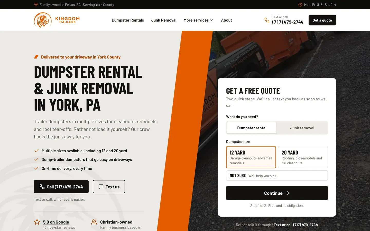 Kingdom Haulers’ Express Website on a desktop browser: the headline “Dumpster rental & junk removal in York, PA,” call and text buttons, and a two-step quote form for a dumpster or junk pickup.
