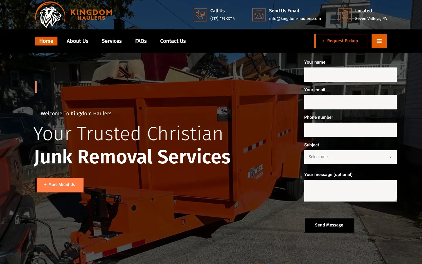 Kingdom Haulers’ previous website: a dark dumpster photo behind the headline “Your Trusted Christian Junk Removal Services” and a generic contact form, with nothing about dumpster sizes.